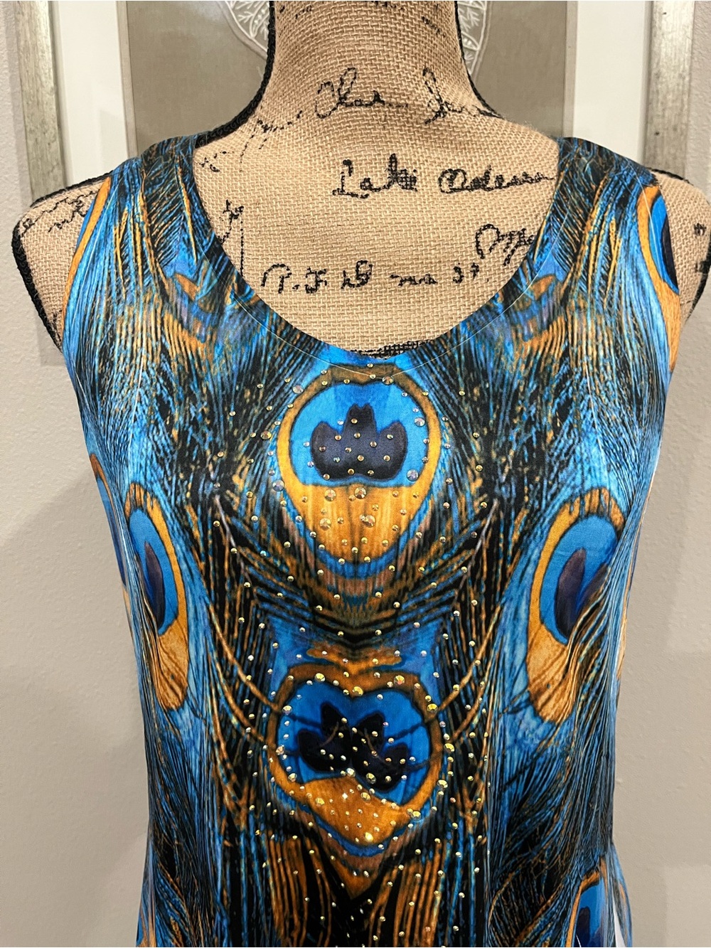 NWT India Boutique Blue Peacock Feather Embellished Asymmetric Hem Tank Dress OS - Picture 2 of 8